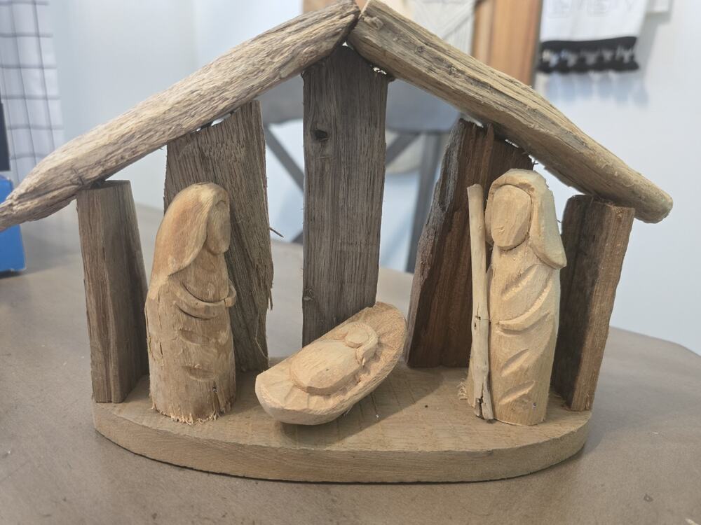 Hand Carved Driftwood Nativity Scene Baby in the Manger VTG Religious Christmas